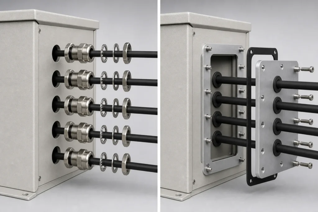 Comparison of direct cable entry through an enclosure wall and cable glands mounted through a removable gland plate
