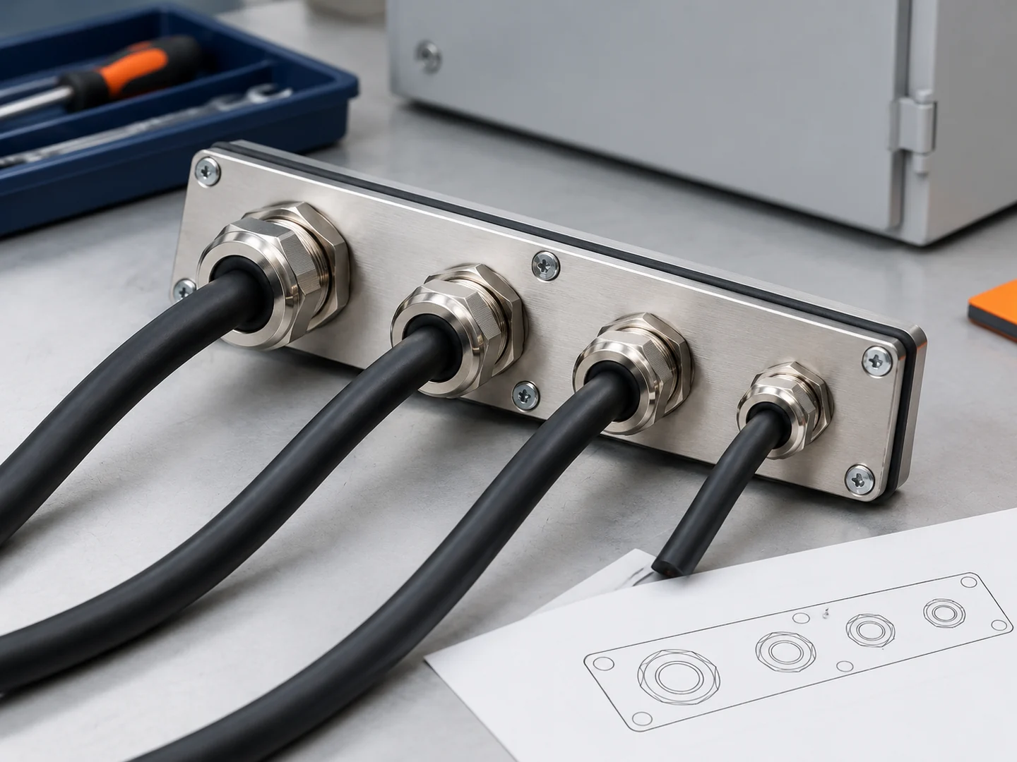 Removable gland plate with four cable glands and one black jacketed cable through each gland.