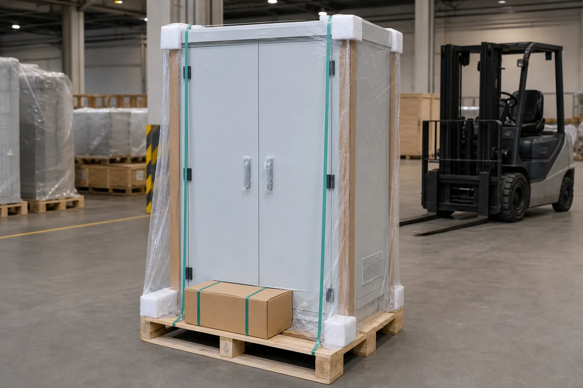 Outdoor telecom cabinet protected on a pallet for shipment