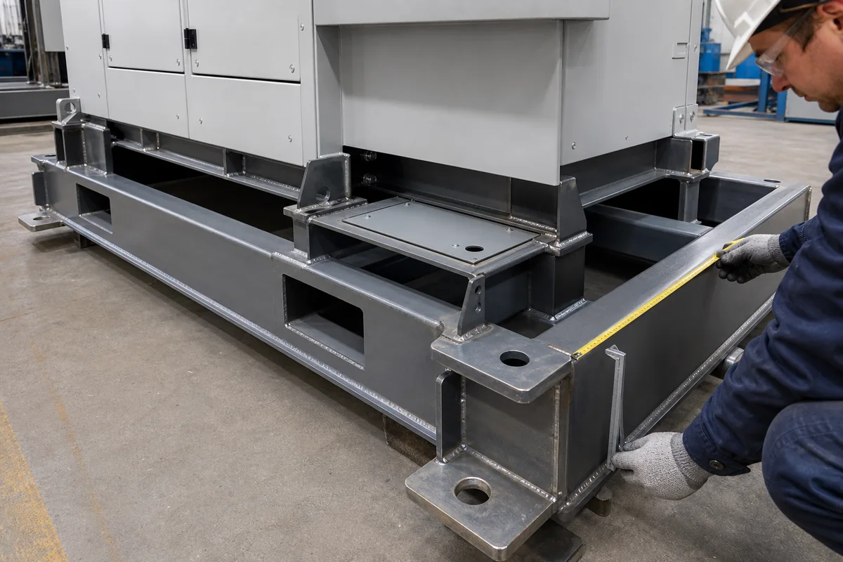 Inspector measuring a reinforced BESS enclosure base weldment