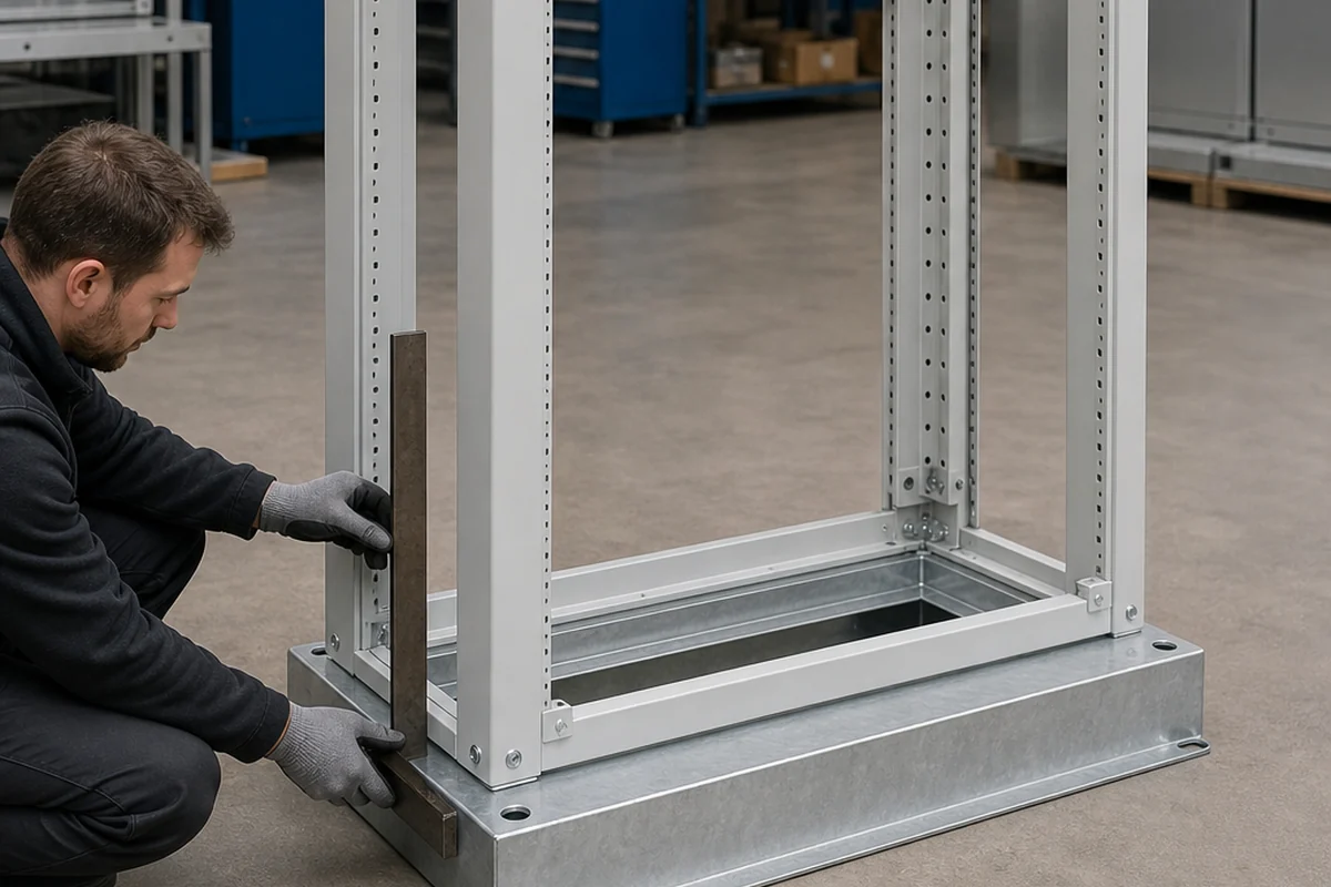 Inspector checking power distribution cabinet frame and base