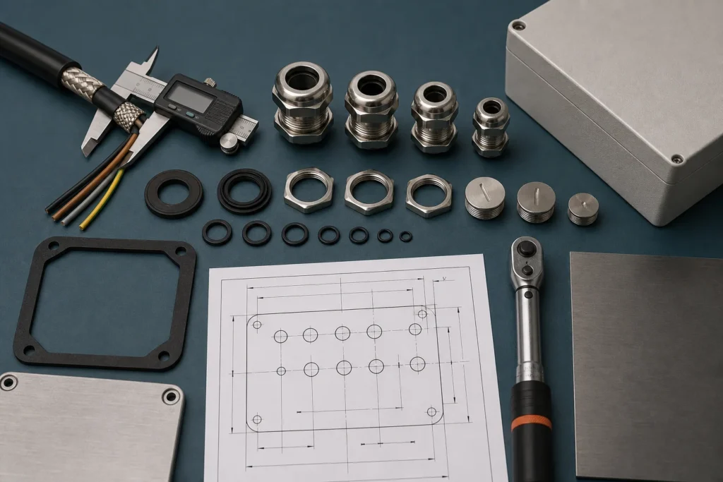 Cable-entry RFQ review with cable samples, a caliper, gland hardware, gasket, drawing, and blanking plugs