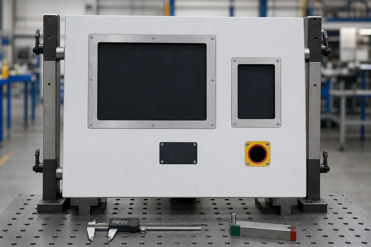 EV charging enclosure front panel display and payment cutout inspection fixture