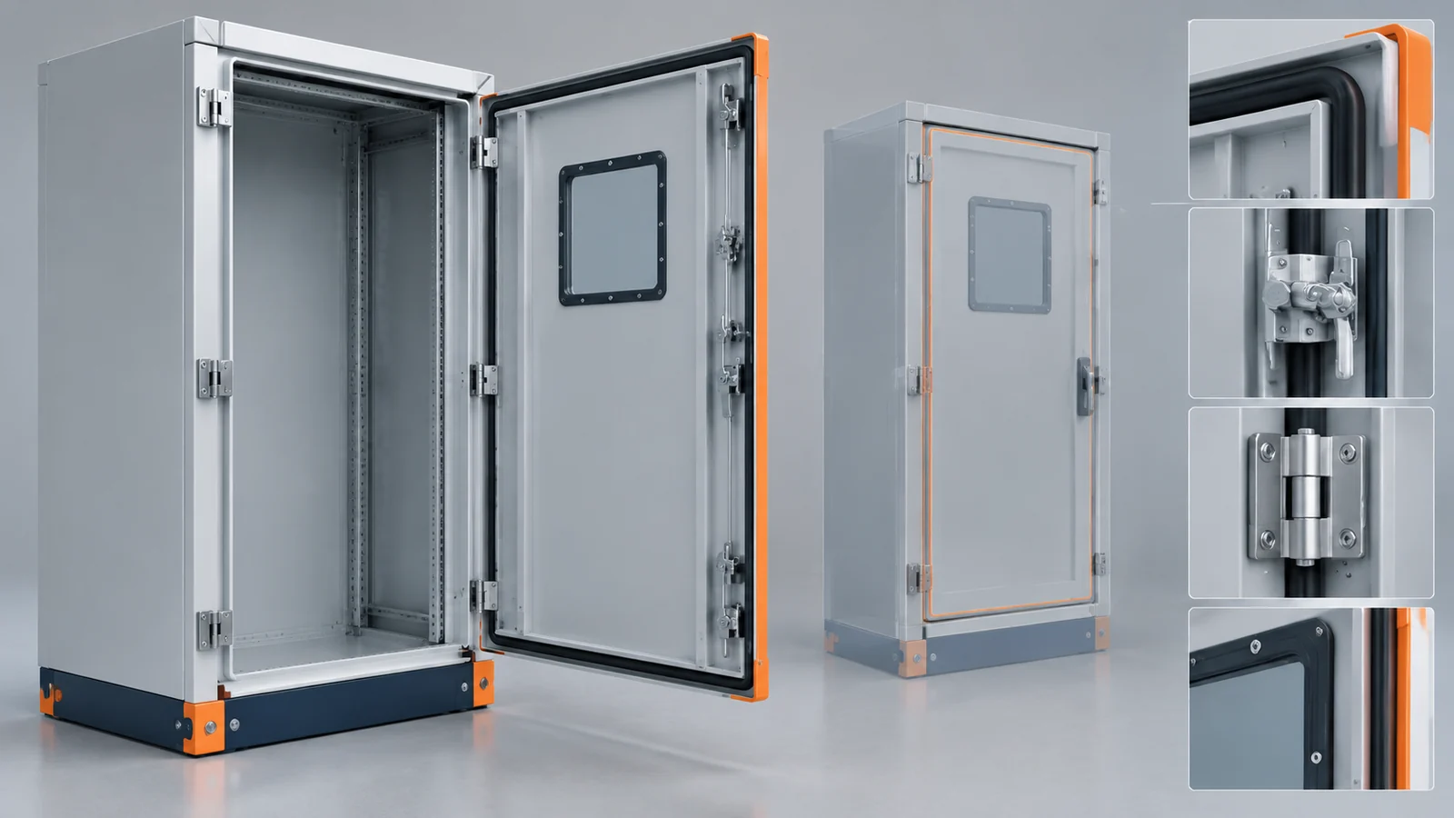 Enclosure door shown open with a window and gasket, plus close-up views of latch and hinge hardware.