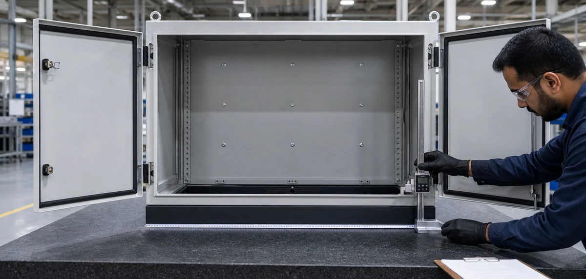 Quality inspector checking critical dimensions on an empty industrial automation enclosure