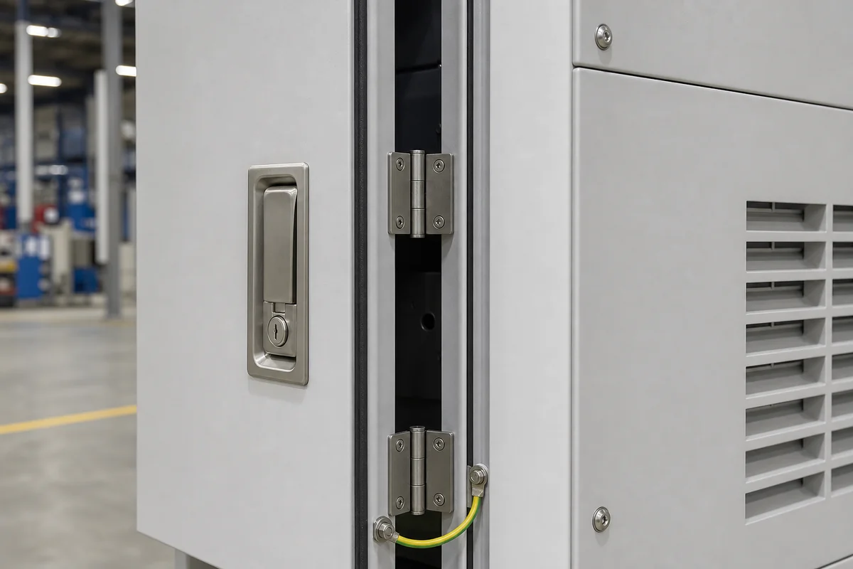 EV charging enclosure service door lock hinge gasket and public fastener detail