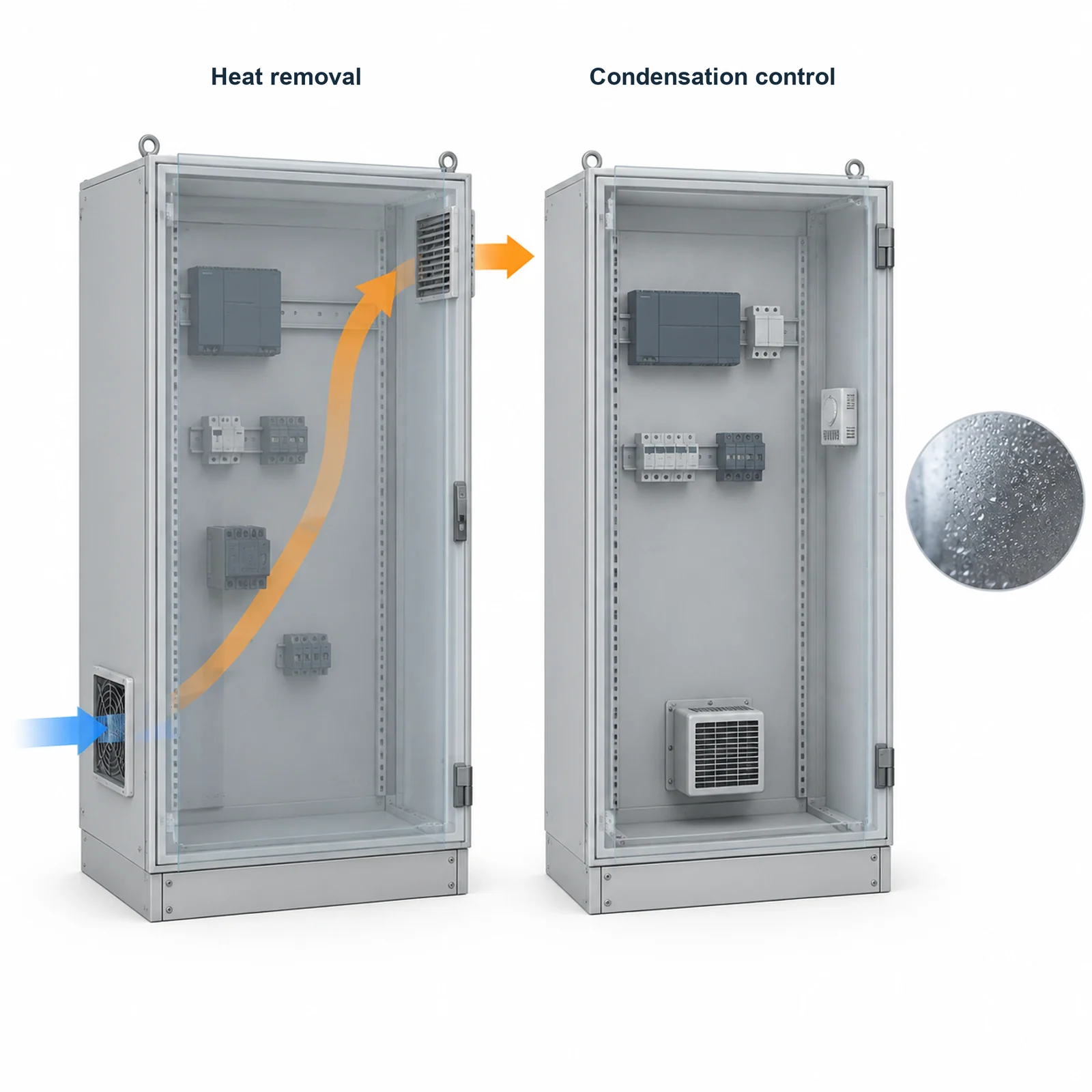 Separate enclosure illustrations showing filtered heat removal and heater-based condensation control.