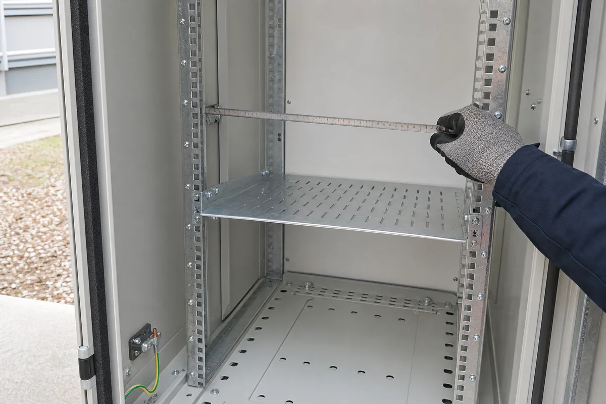Rack rail and shelf depth inspection inside a telecom cabinet