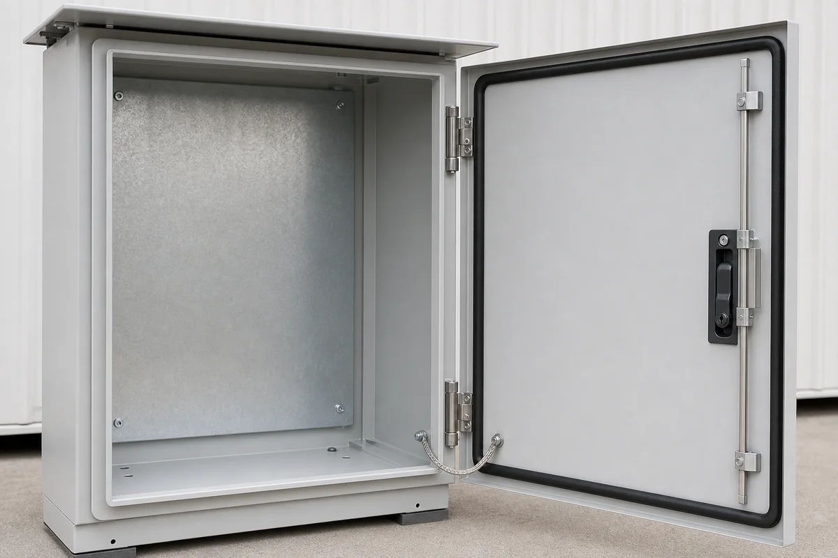 Outdoor enclosure door gasket rain channel and solar shield detail