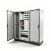 Open multi-bay modular electrical enclosure cabinet showing internal frame bays, a busbar section, and front access doors.