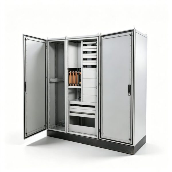 Open multi-bay modular electrical enclosure cabinet showing internal frame bays, a busbar section, and front access doors.