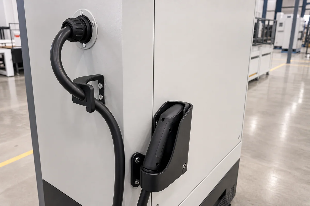 EV charging cable exit strain relief and holster bracket detail