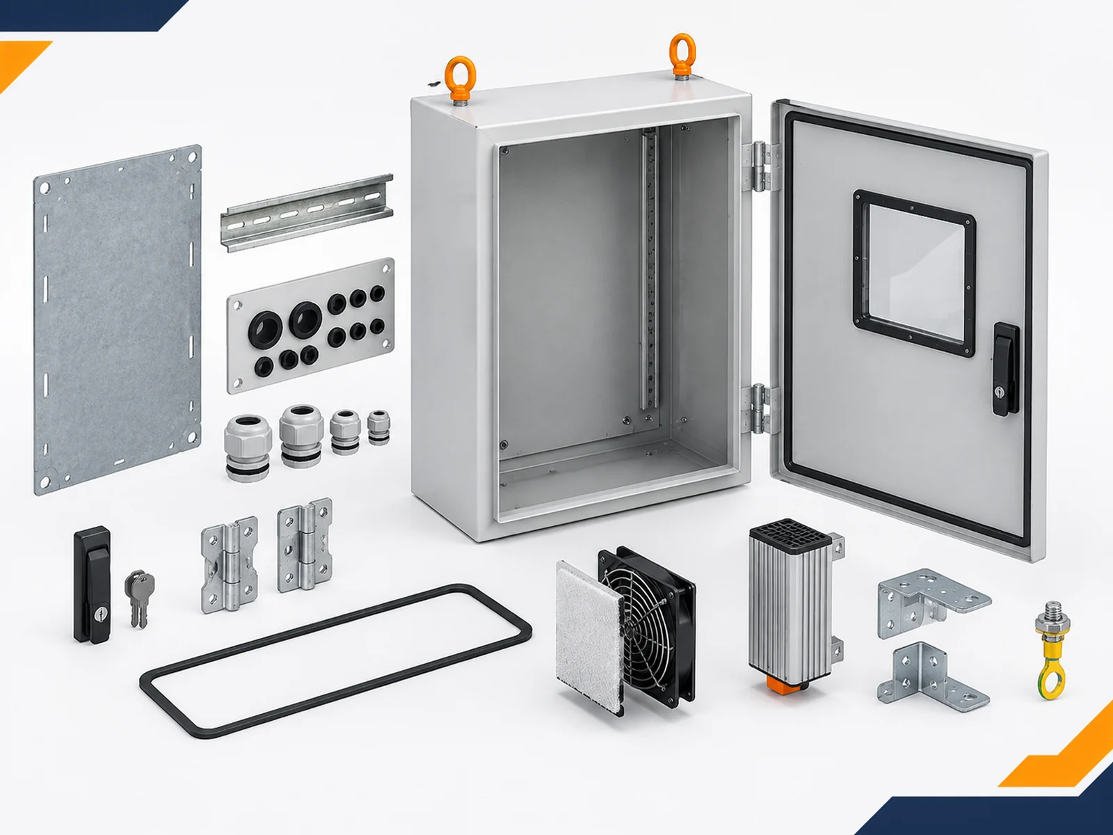 Electrical enclosure surrounded by mounting hardware, gland plate, DIN rail, gasket, fan and heater options.