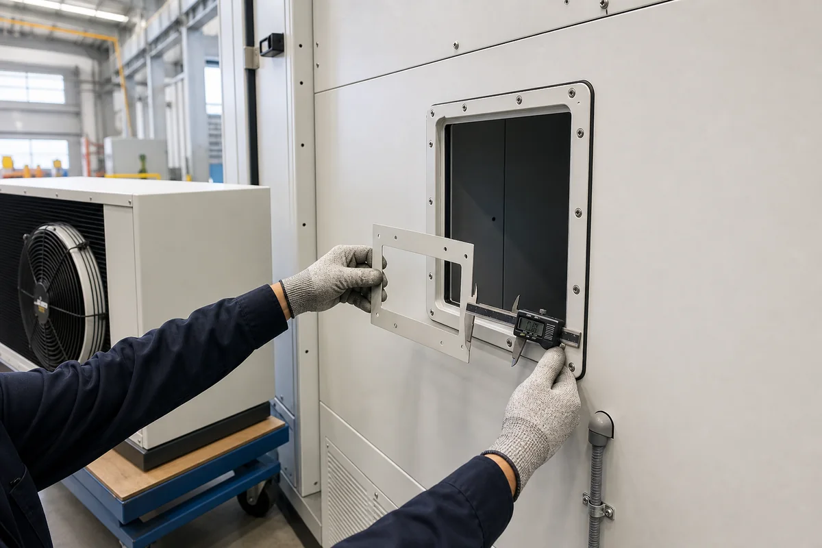 Technician checking an HVAC interface opening on an enclosure side panel