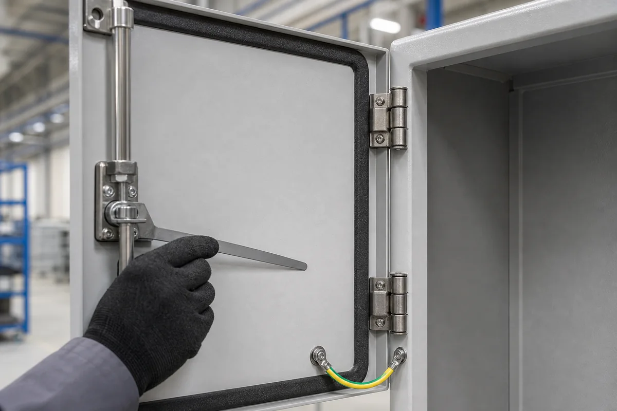 Outdoor enclosure door hinge and continuous gasket path