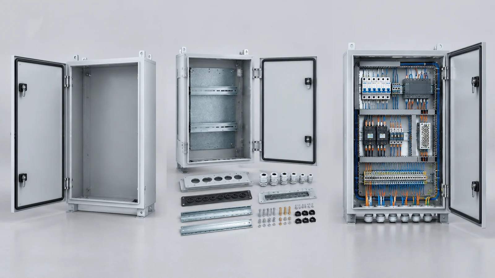 Three illustrative supply scopes: empty enclosure, mechanical preparation and a wired electrical assembly.