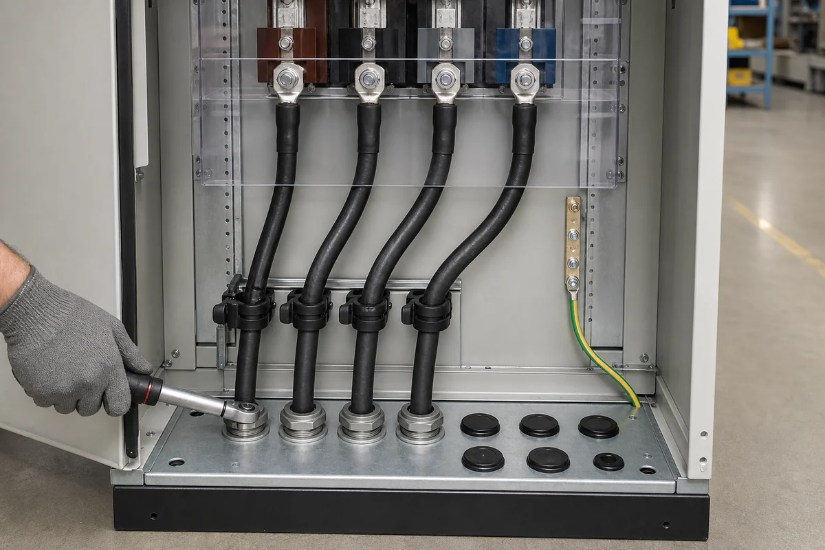 Four power cables and protective conductor in terminal zone
