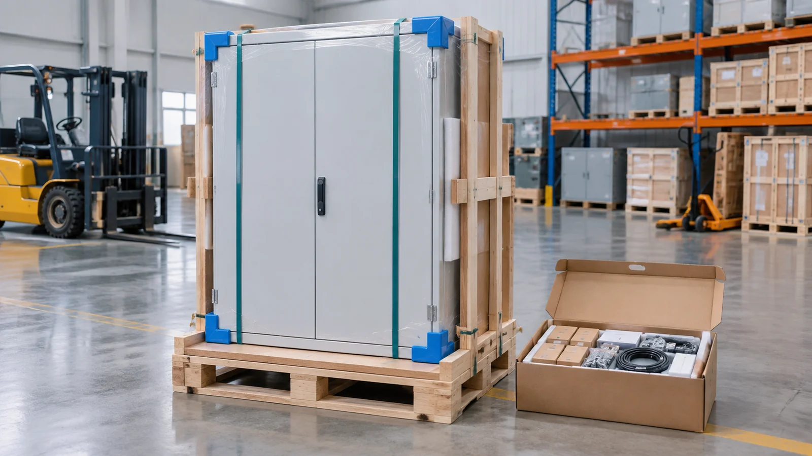 Large electrical enclosure on a pallet with corner protection, restraints, a timber frame and a separate accessories carton.