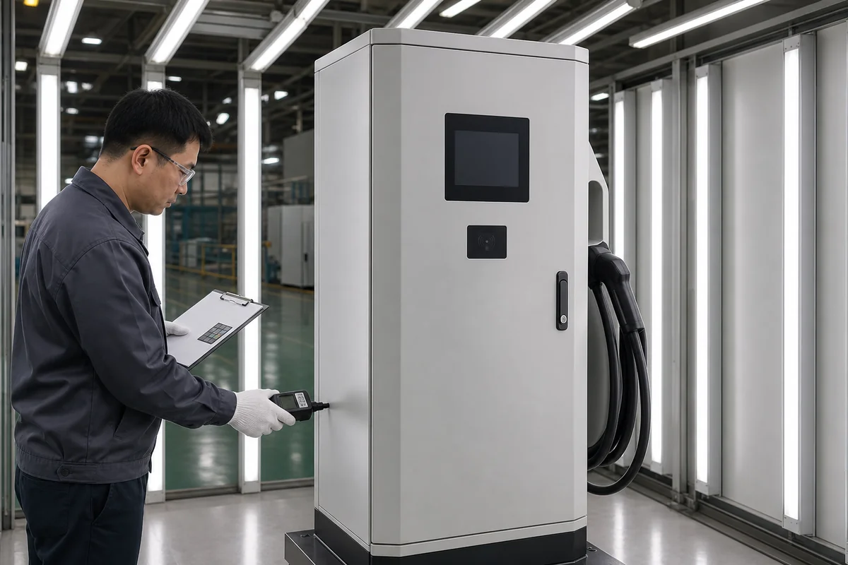 Public-facing EV charging enclosure powder-coat and surface inspection