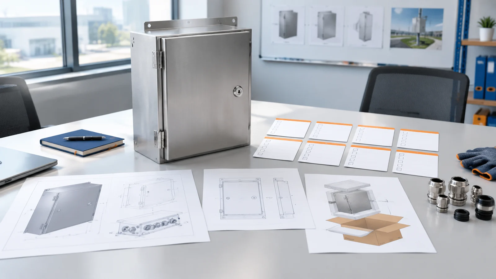 Generic stainless-steel enclosure beside layout sketches, cable glands, checklist cards and a packaging drawing.