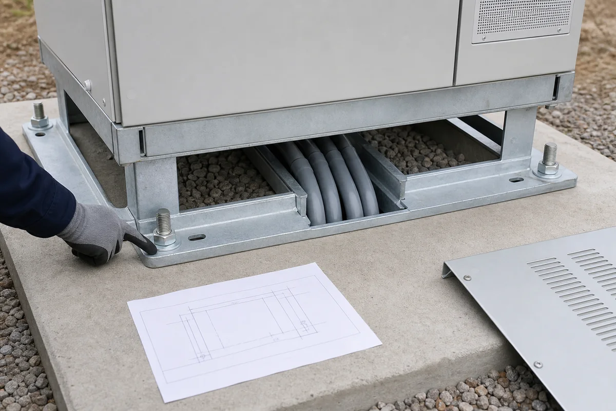 Cabinet plinth anchor and conduit interface