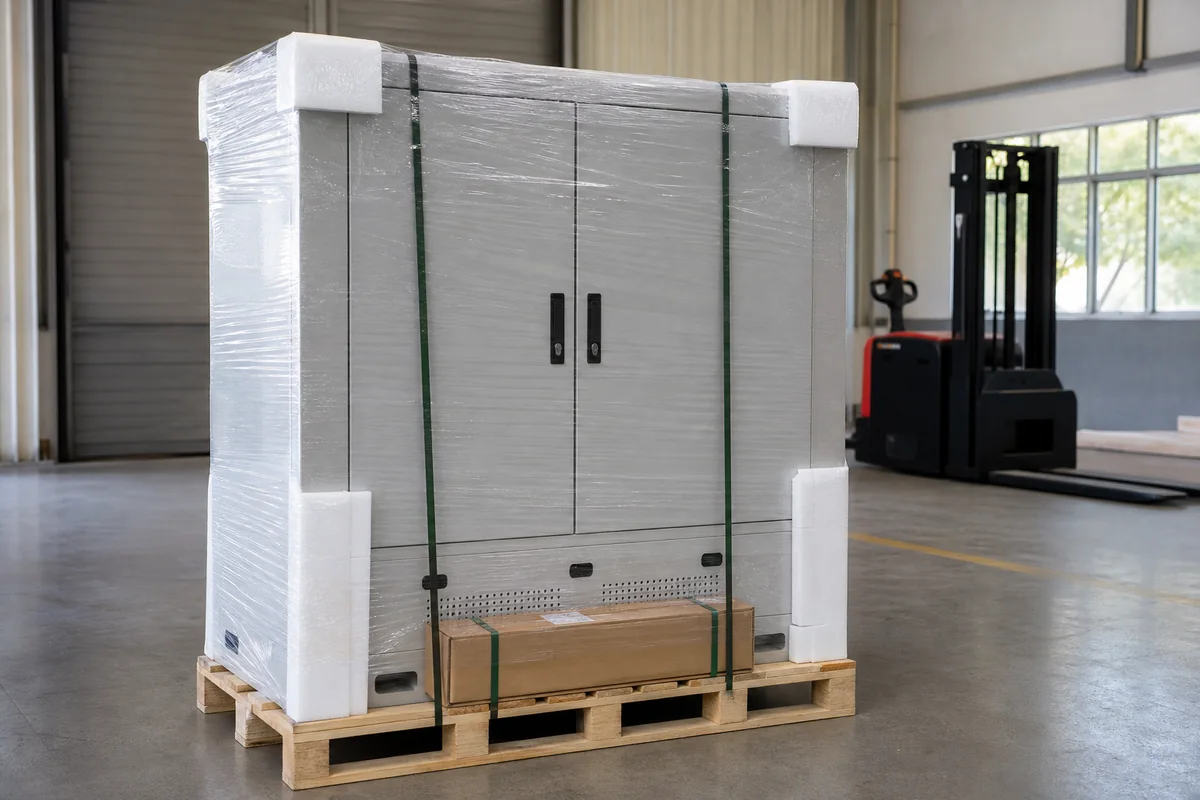 Outdoor solar enclosure protected for export shipment