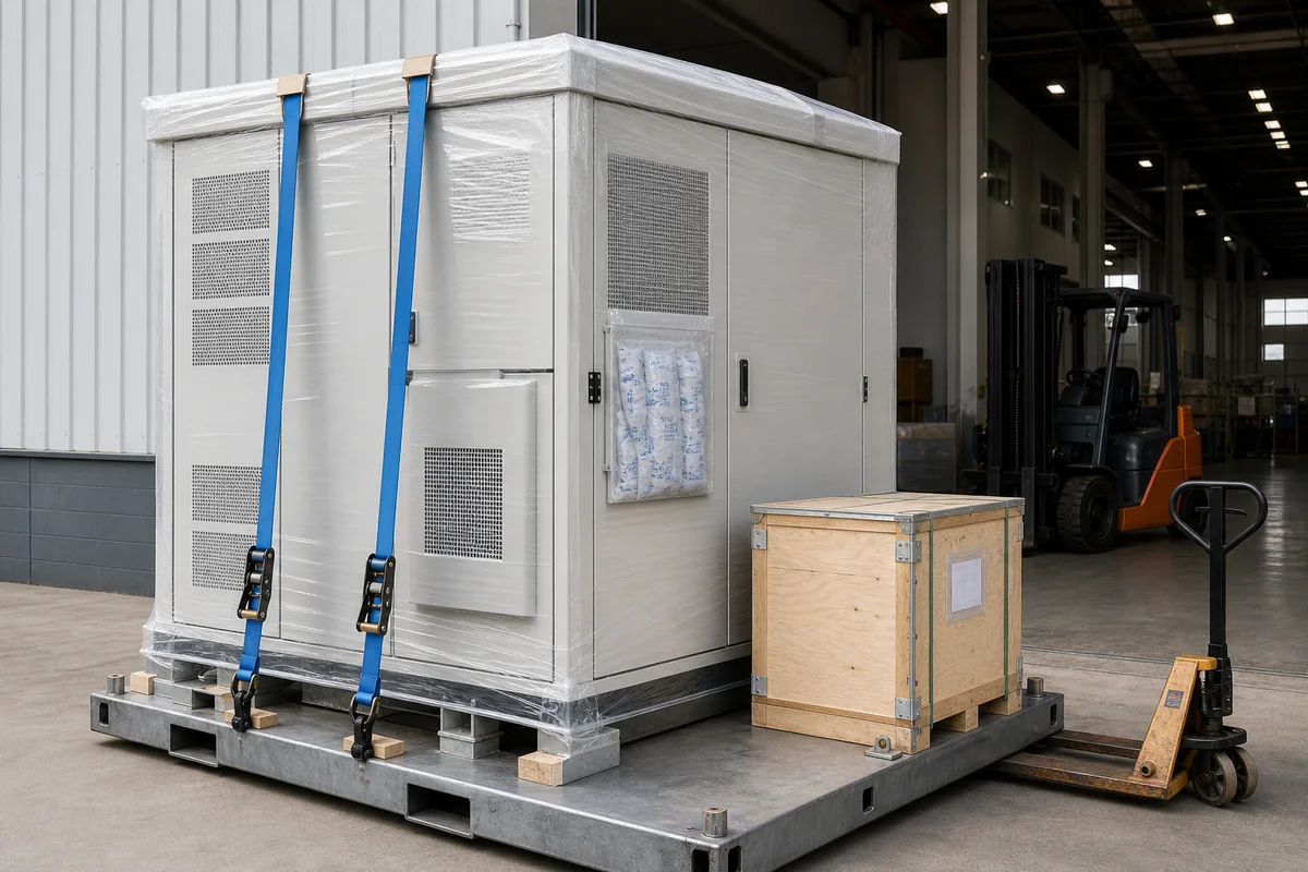 Energy storage enclosure secured on a skid for controlled shipment