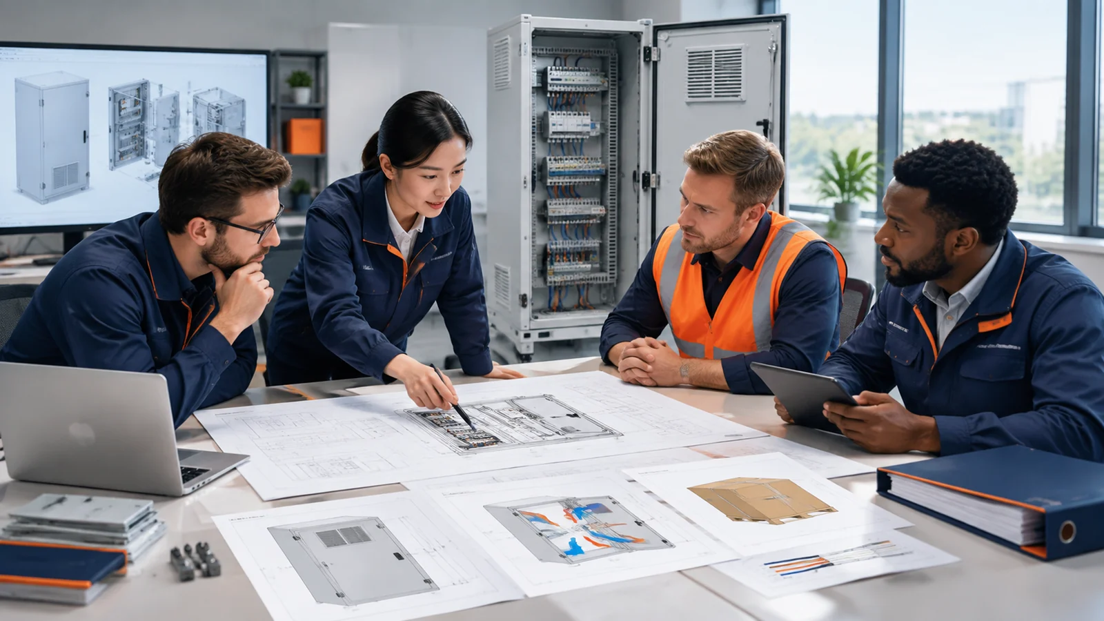 Four fictional project-team members reviewing enclosure drawings and supporting documents around a table.