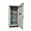 Open wall-mounted stainless steel electrical enclosure showing the hinged door, internal frame, and mounting space for electrical components.