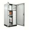 Closed floor-standing modular electrical enclosure cabinet with a plinth base, top lifting lugs, and front access handle.