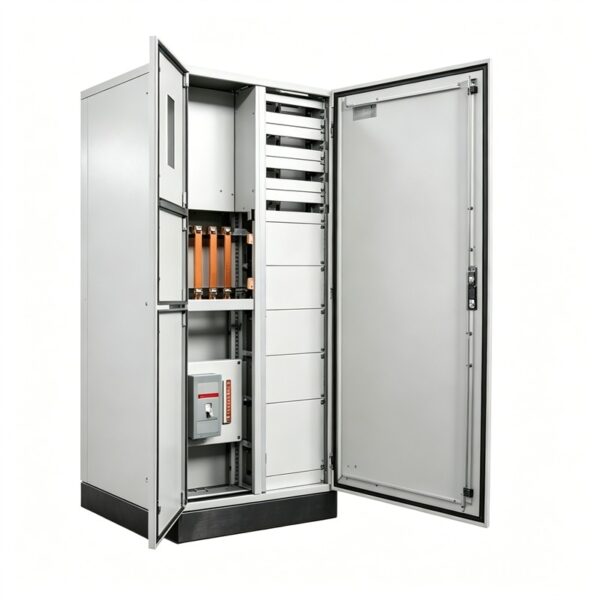 Closed floor-standing modular electrical enclosure cabinet with a plinth base, top lifting lugs, and front access handle.