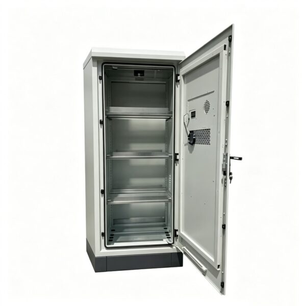 Open wall-mounted stainless steel electrical enclosure showing the hinged door, internal frame, and mounting space for electrical components.