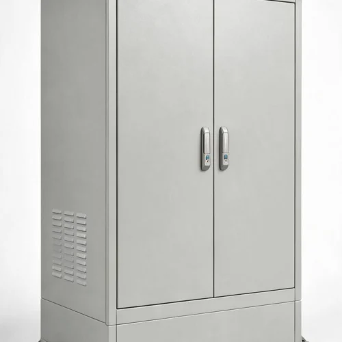 Closed gray outdoor electrical cabinet with double doors, side ventilation louvers, a sloped roof, and mounting feet