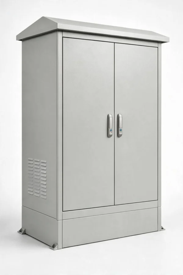 Closed gray outdoor electrical cabinet with double doors, side ventilation louvers, a sloped roof, and mounting feet