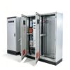 Open modular electrical enclosure with one front door open, showing busbars, internal mounting sections, and cable routing space.