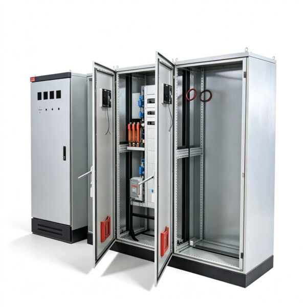 Open modular electrical enclosure with one front door open, showing busbars, internal mounting sections, and cable routing space.