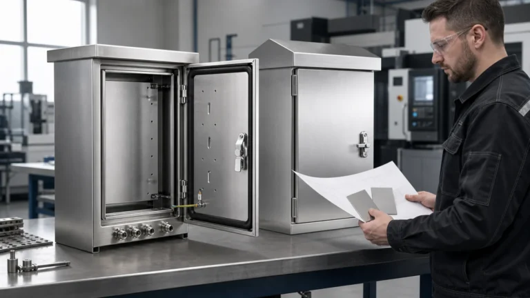 Engineer reviewing two brushed stainless steel electrical enclosures, including gasket, mounting plate, and cable-entry details