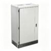 Closed floor-standing modular electrical enclosure cabinet with a plinth base, top lifting lugs, and front access handle.