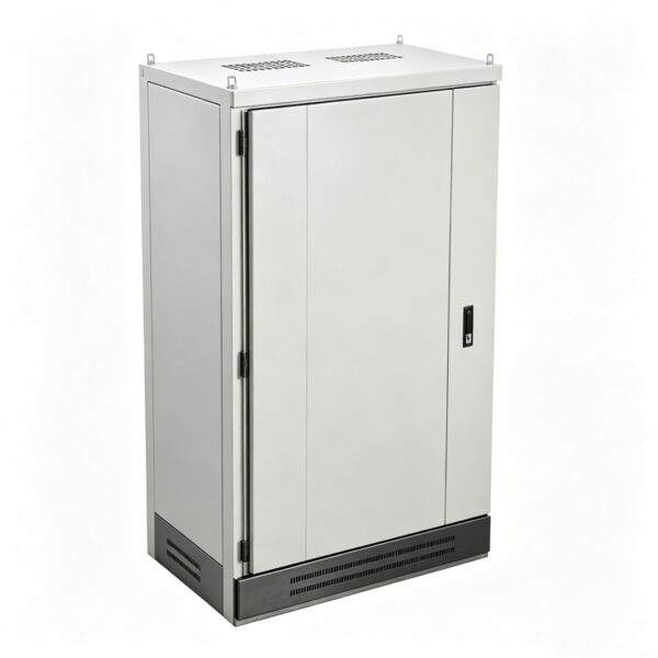 Closed floor-standing modular electrical enclosure cabinet with a plinth base, top lifting lugs, and front access handle.