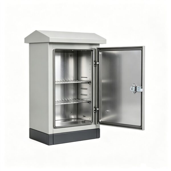 Open stainless steel electrical enclosure cabinet showing the enclosure body, internal mounting space, and front access door.