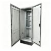Open modular electrical enclosure cabinet showing the internal frame, side mounting rails, sealed doors, and lower cable-entry opening.