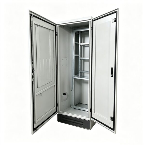 Open modular electrical enclosure cabinet showing the internal frame, side mounting rails, sealed doors, and lower cable-entry opening.