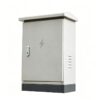 Floor-standing stainless steel outdoor electrical enclosure with a sloped rain hood, front access door, and plinth base.