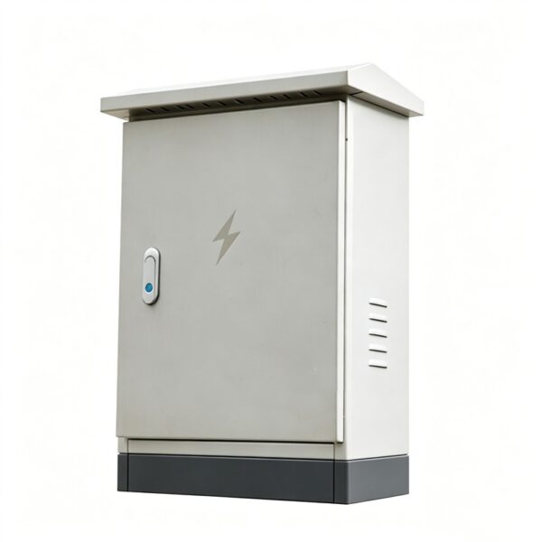 Floor-standing stainless steel outdoor electrical enclosure with a sloped rain hood, front access door, and plinth base.