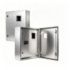 Stainless steel electrical enclosure product range showing multiple cabinet sizes and configurations, including wall-mounted and floor-standing enclosure bodies.