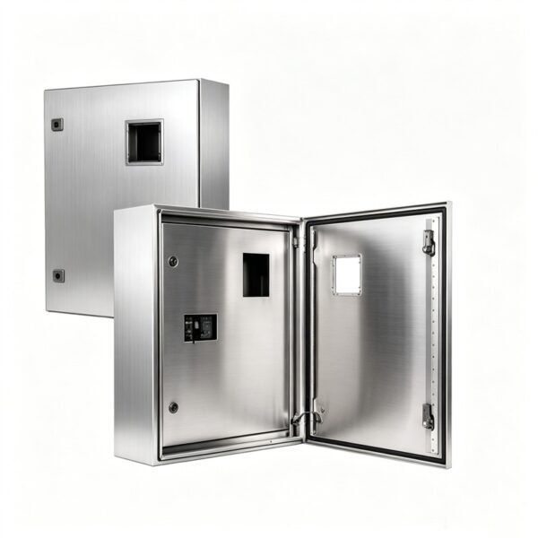 Stainless steel electrical enclosure product range showing multiple cabinet sizes and configurations, including wall-mounted and floor-standing enclosure bodies.