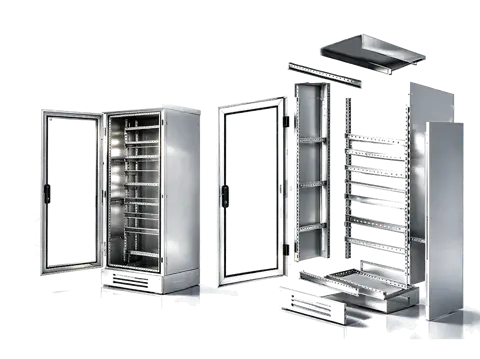 Assembled and exploded custom electrical enclosures showing doors, mounting rails, panels, and cabinet components