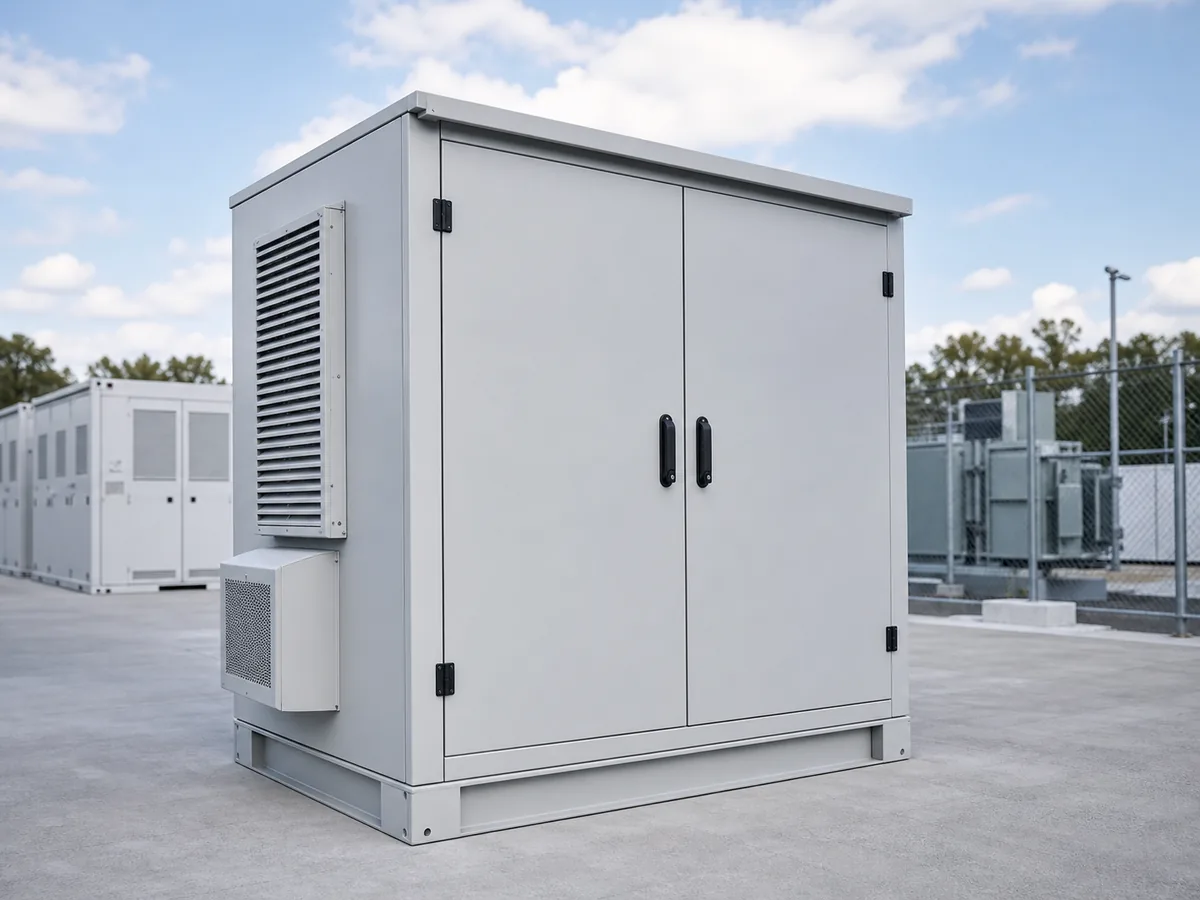 Outdoor energy storage enclosure cabinet at a utility-scale battery storage site