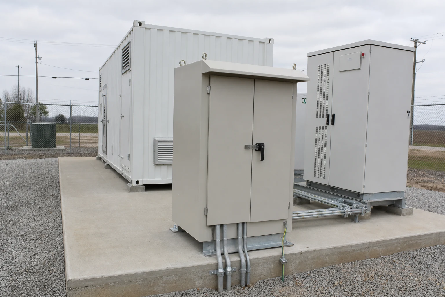 Outdoor energy storage auxiliary enclosure and control cabinets on a concrete equipment pad