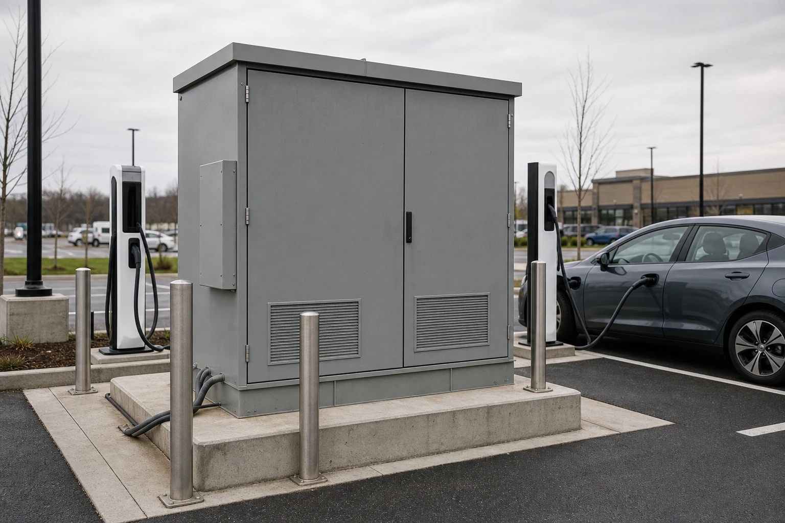 Outdoor power electronics enclosure beside public EV charging dispensers